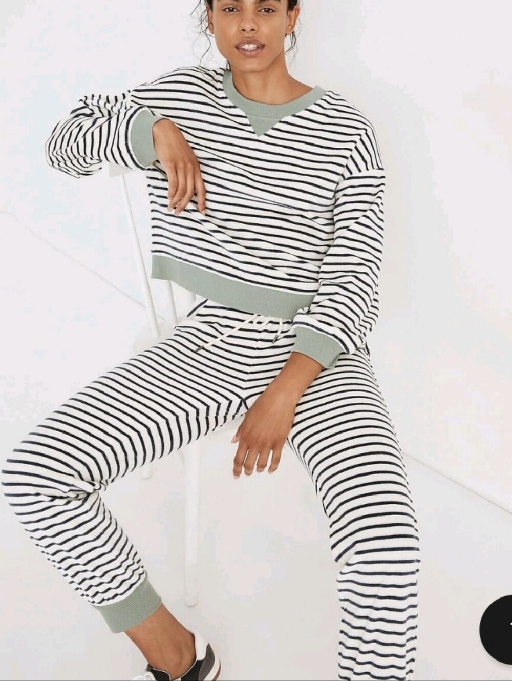 Madewell MWL Velour Set Crewneck Sweatshirt Pants Stripe Green Antique Cream S